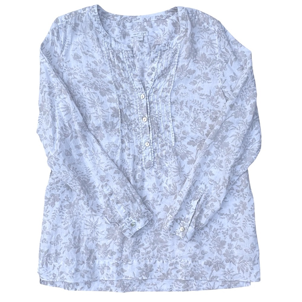 Small J. Jill Love Linen Floral Tunic Top Ruffles Botanical Beige/Taupe, White